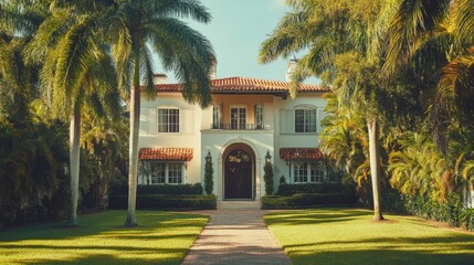 Fototapeta premium Luxurious Tropical Front Garden with Palm Trees and Short Grass