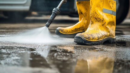 Worker Deep Cleaning Concrete Driveway with Industrial Power Washer