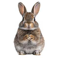 Obraz premium A cute, fluffy rabbit sits upright with its paws together, showcasing its soft fur and large ears. rabbit attentive expression adds to its charm