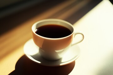 Fototapeta premium Cup of black coffee in morning sunlight 