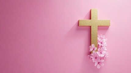 Obraz premium Golden Cross with Pink Blossoms on Pink Background for Easter Season