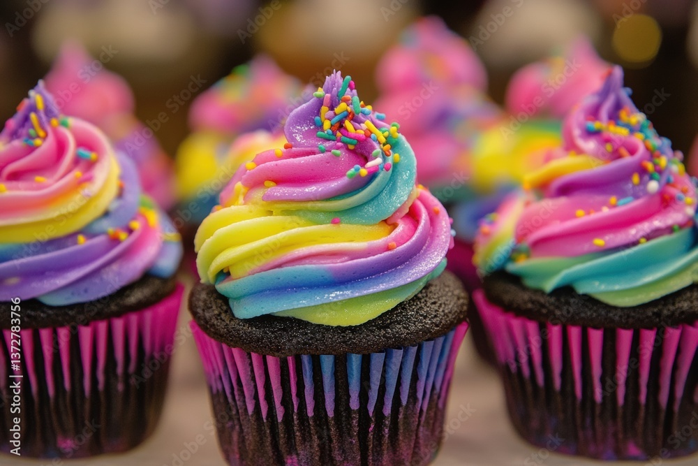 Poster Colorful cupcakes with neon icing and rainbow sprinkles create a vibrant display in a bakery setting, perfect for any festive occasion