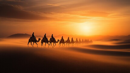 Caravan of camels in desert at sunset	