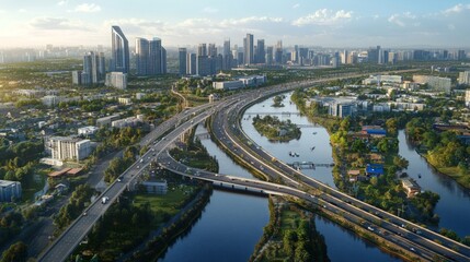 Fototapeta premium Urban landscape aerial view city skyline modern architecture waterways daylight contemporary development