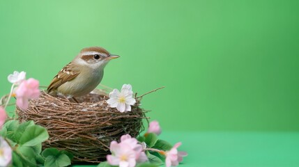 A small brown bird sits peacefully in its cozy nest