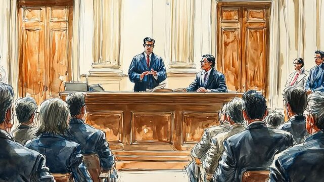   Law and Order: A dramatic courtroom scene unfolds, where a stern speaker addresses a gathering of attentive people, captured with artistic realism. 