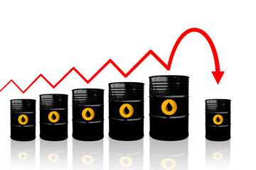 Crude oil prices go down. Crude oil barrels on a white background with soft reflection