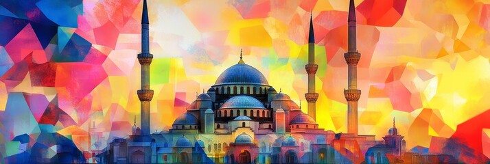 Obraz premium Colorful abstract painting of a mosque with minarets and a