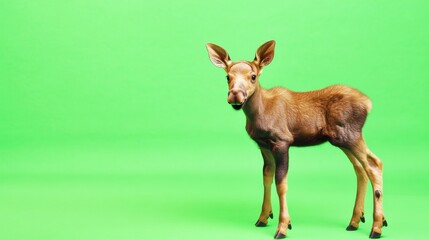 Fototapeta premium A young brown moose standing on a vibrant green background