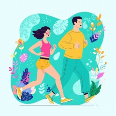 Fototapeta premium A man and a woman are running in a lush green field
