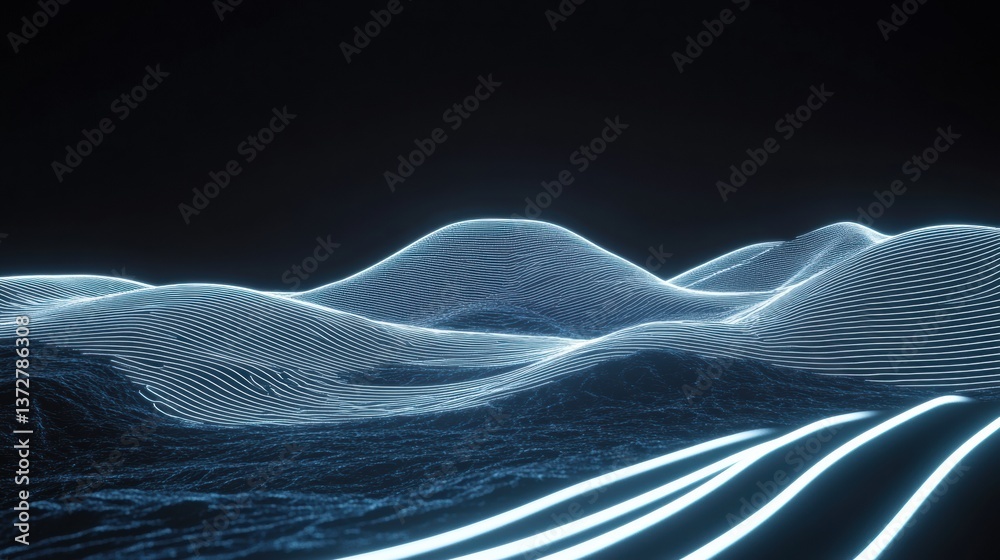 Poster Futuristic dynamic background with glowing neon lines in dark abstract space showcases elegant minimalism and curves