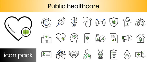 Public healthcare icon pack featuring medical symbols and health concepts