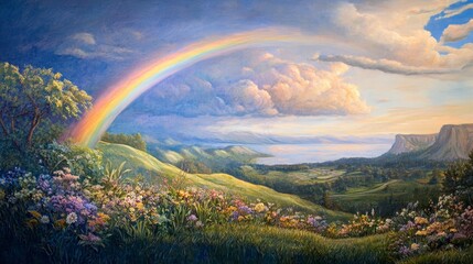 Obraz premium Landscape painting shows a rainbow over green hills with flowers