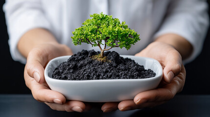 Small tree growing in soil held by hands in a nurturing gesture promoting environmental awareness and sustainability