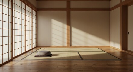 Zen meditation room with natural light and traditional tatami flooring