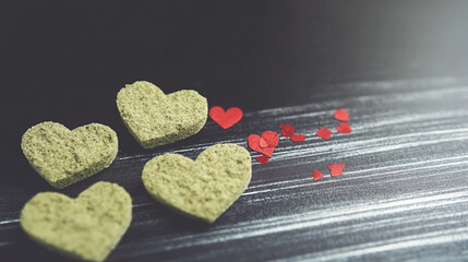 Heart-shaped decorations on a dark surface with scattered red confetti enhancing a romantic atmosphere
