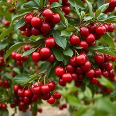 Cherry tree branches with ripe red cherries, in the orchard.