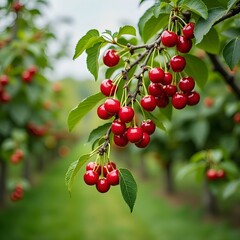 Obraz premium Cherry tree branches with ripe red cherries, in the orchard.
