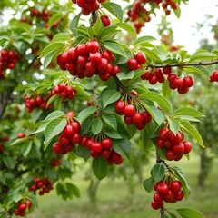 Fototapeta premium Cherry tree branches with ripe red cherries, in the orchard.
