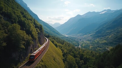 Train Traveling Through Green Mountain Valley Scenery on Sunny Day