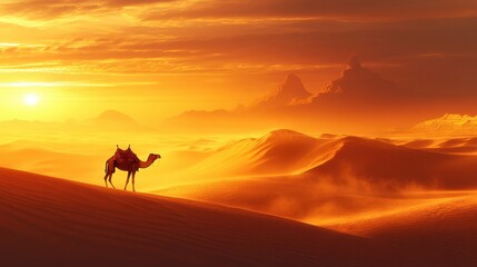 Camel walking through glowing desert sunset	