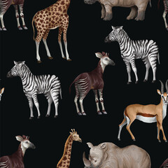 Obraz premium Seamless pattern with jungle animals such as giraffe, okapi, zebra. hippo. Vector.