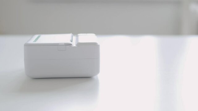 Blurred Shooting with a Mini Printer Printing a Document. Modern Technology, a Printer and a Smartphone Connected Using Internet App. 