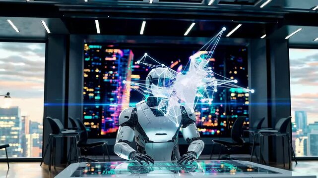 Vid&eacute;o d&rsquo;un robot humano&iuml;de dans un bureau futuriste activant une interface holographique dynamique, concept d&rsquo;intelligence artificielle cognitive et de visualisation de donn&eacute;es en r&eacute;seau