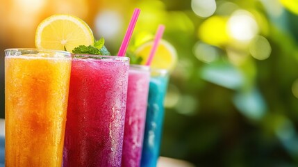 Refreshing colorful frozen drinks with lemon and mint in a row against a blurred green background perfect for summer days and outdoor celebrations
