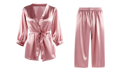 A luxurious pink silk pajama set, including both a jacket and pants, is shown in a front view using a ghost mannequin technique, isolated on a white background