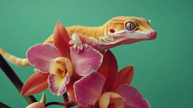 An orange gecko rests on delicate pink and red orchid flowers - Powered by Adobe
