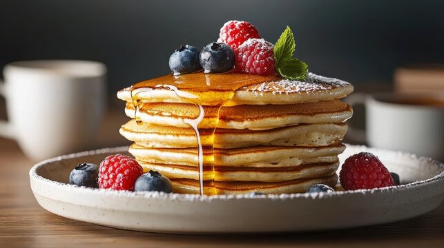 Decadent fluffy pancakes with maple syrup and fresh berries delight