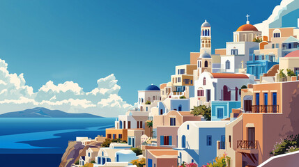 Illustration, beautiful image of anafi island, touristic advertisement poster. Greec island, cyclades. Beautiful summer holiday travel destination. Typical white houses, must-see tourist spot.