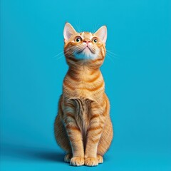 Obraz premium Ginger cat sitting on blue background 