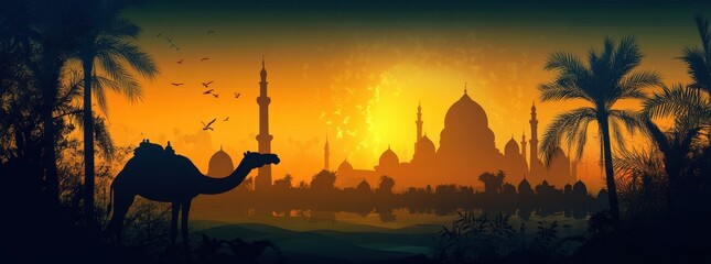 Silhouette of camel and mosque at sunset	