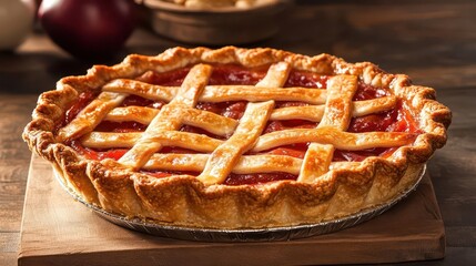 Homemade Berry Pie with Lattice Crust on Wooden Surface
