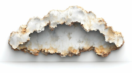 Fototapeta premium A damaged white wall section with rust edges leaving an irregular hole Texture shows aged and corroded materials again