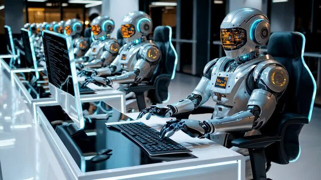 Vid&eacute;o de plusieurs robots humano&iuml;des tapant sur des claviers dans un open space futuriste, concept d&rsquo;automatisation du travail, intelligence artificielle en centre d&rsquo;appel ou data center