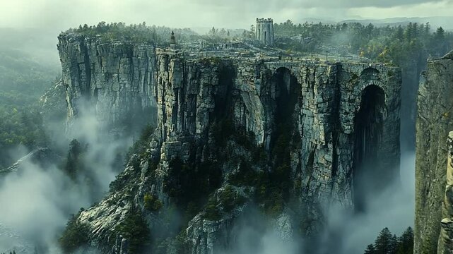 Misty mountaintop fortress city, aerial view, possible use for fantasy game art