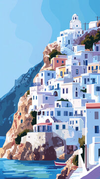 Illustration, beautiful image of anafi island, touristic advertisement poster. Greec island, cyclades. Beautiful summer holiday travel destination. Typical white houses, must-see tourist spot.