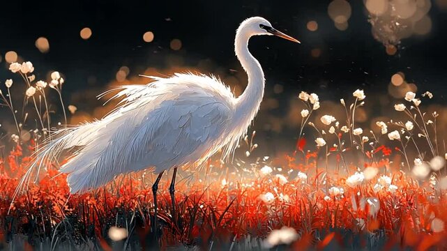 Majestic egret in vibrant autumnal field