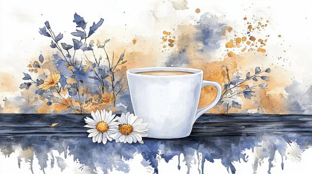 A serene watercolor painting featuring a steaming cup of coffee on a wooden table surrounded by delicate daisies and hints of autumn foliage in a warm natural palette