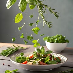 fresh herbs in a mortar