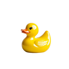 Fototapeta premium A bright yellow rubber duck with orange beak and cheerful expression, isolated on transparency background. duck is glossy and smooth, often used as bath toy for children