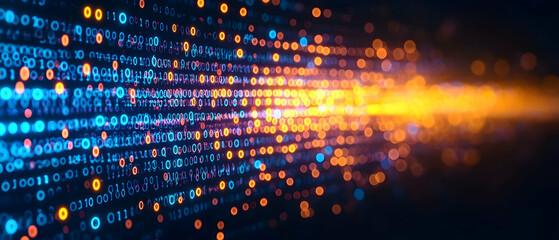 Fototapeta premium Abstract Binary Code with Blue and Orange Colors Flowing Represents Digital Information on a Dark Background