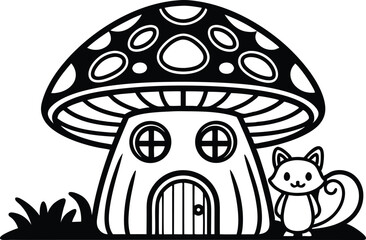 Monochrome Mushroom House with Cute Fox Vector, Isolated on Transparent Background