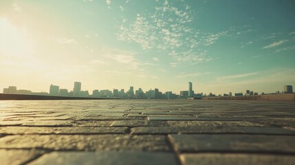 beautiful photo of view of a city from afar showing floor, low camera angle, clear sky with thin subtle clouds, early afternoon sky, natural bright outdoor lighting, cinematic, wide camera lens, super
