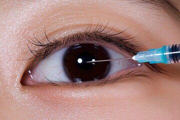 Close up of needle administering medication to eye showing detail of iris lashes and skin