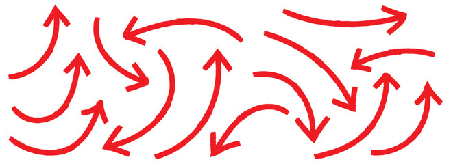 Set of Hand drawn vector arrows doodle on white background. Red Hand drawn arrow collection. Set of Red hand drawn grunge doodle spiral and curved charcoal, chalk arrows. Scribble symbols of direction