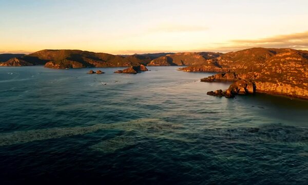 Aerial view of a beautiful sunset in Valentin Bay, Sea of Japan